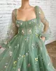 Romantique Vintage vert robe de bal courte princesse bouffée à manches longues broderie florale femmes Cocktail filles robes d'anniversaire tenue Robe De soirée