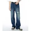 Heren Jeans 2024 Lente Koreaanse Vintage Patches Gaten Bedenken Losse Rechte Mode Wassen Rits Effen Kleur Casual Katoen