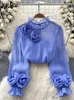 Women's Blouses XFPV Women Loose Three-dimensional Flower Blouse Fashion Stand Collar Puff Sleeve Shirts Spring Summer 2024 SM10311