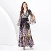 FLARED SLEEVE RUFFLED FLORAL MAXI DRESSE DEEP V-NECK DESIGNER Kvinnor Elegant Retro Tryckt Long Swing Dress Sexig damer Beach Vacation Casual Party Clothes Robes