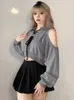 Deeptown Y2K Vintage Gray Cropped Hoodies Women Harajuku Sexy Off Shoulder Sweatshirts Korean Loose Casual Chic Tops Gothic Kpop 240314