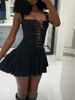 Casual Dresses Women Corset Mini Dress Sleeveless Cross Tie-up Front Jacquard Renaissance Square Neck Bustier Pleated