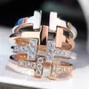 Designer tiffay and co Double T Ring 925 Sterling Silver Plated 18K Gold Ti House Set Diamond T-shaped No Smooth Open 6TF9