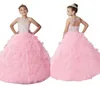 Ny ankomst Long Pink Girls Pageant Dresses Open Back Illusion Neck glittra pärlor Ruffles Corset 2019 Wedding Flower Girl Dresse8147072