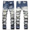 Mens Jeans European Jean Hombre Letter Star Am Tiny Spot Men broderi lapptäcke rippade trend varumärke Motorcykelbyxa Mens Skinny AM3359# Storlek 29-38