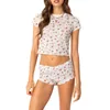 Kvinnors spårdräkter Kvinnor Floral Shorts Set 2 Piece Outfits Summer Casual Short Sleeve Tee Shirt Crop Top Skinny Suit Lounge Set
