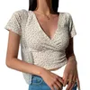 American style floral cross V-neck slim fit short cut exposed navel short sleeved T-shirt for womens top 2024 summer new trend