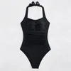 Mulheres Swimwear 2024 Rugas Slim Beach Bikini Sólido Preto Um Pedaço Swimsuit Mulheres Sexy Halter Suspender Backless Verão Monokini Y285