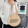 Women's Large-Capacity Single-Shoulder Portable Simple Tote Commuter Round Pie Handmade Embroidered Cotton Straw Bag