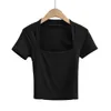 American ins low cut square neck slim exposed navel short T-shirt womens summer new elastic slim solid color short sleeve top fashion