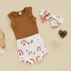 Clothing Sets Baby Girl Summer Rompers Set Ribbed Sleeveless Jumpsuit And Casual Rainbow/ Butterfly Print Shorts Headband