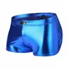 Calzoncillos Boxer de cuero de PU para hombre, calzoncillos sexys con brillo lateral dividido, ropa interior para discoteca, Boxers para hombre, bolsa para pene, bragas, lencería para tronco, ropa interior Gay