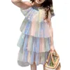Vestidos de menina verão anime kawaii bolo princesa saia sem mangas o pescoço médio gaze roupas para meninas 2024 gradiente sólido trajes infantis