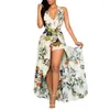 Casual Dresses Summer Women Maxi V-Neck Halter Sleeveless Sexy Tunic Print Flowers Dress Vacation Holiday Beach Lady Robe