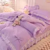 Set di biancheria da letto viola Kawaii Seersucker Lenzuolo Federa Fashion Girl Princess Copripiumino 4 pezzi Carino Decorazione della casa 240306