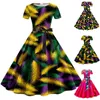 Casual Dresses Women Print Round Neck Dress Elegant Vintage Kort ärm 1950 -talets kvällsfest Prom Swing Pleated Hem Tunic