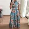 Casual Dresses Lätt sommarklänning Floral Print Maxi med hålig krage bälte midja kvinnors a-line gunga för våren