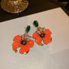 Dingle örhängen koreansk stil orange emaljblommor tappar för kvinnor vintage gröna glasfyllda festsmycken