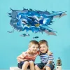Autocollants muraux de dessin animé dauphin poisson natation, sparadrap muraux pour chambre d'enfants, décoration de chambre à coucher, bricolage 3d trou cassé, sparadrap muraux d'art pour la maison