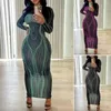 Casual Dresses Women Long Sleeve Dress Elegant Striped Print Maxi For Slim Fit Sheath Style With Sleeves Round Neck Ankle