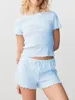 Kvinnors spårfält Eyelet Y2K Eesthetic Shorts Set Woman Summer Cutecore Ruffle Trim Slim Crop Top DrawString Short Pant 2 Piece Set