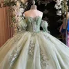 Robe Quinceanera vert menthe, épaules dénudées, plumes, robe de bal, avec des Appliques, nœud en dentelle, princesse, fête d'anniversaire formelle de 15 à 16 ans