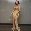 Aso Ebi Arabo Oro Sirena Abiti da sera con perline Cristalli Abiti da ballo Abiti da cerimonia con spacco alto Plus Size 0314