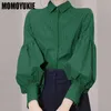 Blusa Vintage mujer otoño primavera elegante moda linterna manga camisa señora solapa suelta rayas Tops verde abotonada hasta 240313