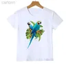 T-shirt d'été blanc pour enfants, vêtements mignons imprimés de perroquets bleus, ldd240314