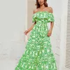 Summer One Line Neck Printed Ruffle Edge Elegant Dress for Women