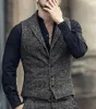 Men's Vests Herringbone Men Vest Grey Pattern Business Waistcoat Notch Lapel Wool Tweed Groomsmen For Wedding Banquet Set