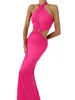 Casual Dresses Women Summer Long Cocktail Dress Solid Color Sleeveless Halter Neck Hollow Evening