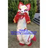 Costumes de mascotte Blanc Rouge Longue Fourrure Furry Husky Chien Fox Fursuit Costume De Mascotte Adulte Personnage De Dessin Animé Tenue Mis Sur Belle Séance Photo Zx3001