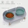 Cat Double Bowl Safety with Wood Stand och Silicone Matt Kitten Puppy Food Water Feeding Elevated Dish Dog Supplies Spill Proof 240304