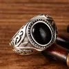 925 Sterling Silver Ring Black Agate Red Garnet Ancient Rattan Man Ring