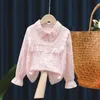 2023 Spring Autumn Long Sleeve Kids Shirts School Girl Shirt Baby Toddler Teen Girls Lace White Blouse Topps Children kläder 240307