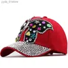 Ball Caps New Red Baseball C Women Full Crystal Colorful Big Butterfly Hat Denim Bling Rhinestone Snback Cs Casquette Summer hats L240314
