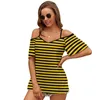 여자 T 셔츠 검은 색과 노란 꿀벌 | 줄무늬 할로윈 의상 티셔츠 패션 인쇄 지퍼 V- 넥 짧은 슬리브