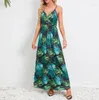 Robes décontractées Femmes 2024 Spring Long Sling Boho Floral Print Summer Col V Sans manches Taille haute Party Beach Maxi Dress