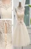 2019 Champagne New Arrival Short Wedding Dresses bridesmaid dresses Knee Length Tulle Wedding Gown Laceup With Bow custom7148967