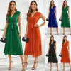 2024 Summer Sleeveless V-neck Lace Up Fashion Slim Fit 100 Pleated Mid Length Dress Pop