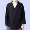 Camisetas masculinas de tamanho M-6xl Tops de cor pura 2024 linho de algodão oblíqua de placket de manga longa hanfu roupas chinesas quimono