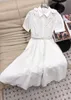 2024 Black/white Spring Short Sleeves Lapel Neck Hollow Out Embroidery Belt Women Dress Designer High End Womens Runway Dress 31418