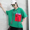 T-shirt da donna Ladies Patchwork Tasche Top Estate 2024 Moda Donna T-shirt allentata con cappuccio Punk femminile Fori T-shirt Big Size Casual