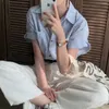 Camicette da donna Camicie con stampa a righe primaverili Top da donna a maniche corte stile coreano a pieghe larghe da donna Moda casual Donna