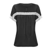 Women's T Shirts O-Neck Lace Stitching Shirt Women Cotton Tunics Casual Top Temperament Pleated Lady Summer 2024 Aesthetic Clothes