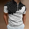 Mens Zip Polo Square 3D Print Graphic Caucal Stripes Lapel Polo Shirt Man Simple Golf Shirts Kort ärm Mänkläder 240304