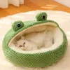 Esteras de felpa, camas verdes cálidas para perros y gatos, cesta anidada con forma de rana, camas para perreras para gatos de dibujos animados, accesorios para mascotas