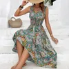 Casual Dresses Elegant Summer Dress Bohemian V Neck Midi For Women Colorful Print Vacation Beach med snäv elastisk midja av