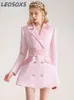 High-Grade Pink Suit Dress Autumn Gentle Sense of Design Stitching Professional Commute Waist Seal Formal Blazer Dress 240313